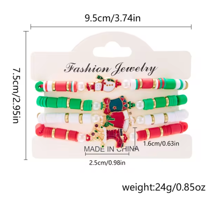 4Pc/Set Merry Christmas Tree Santa Claus Bracelet For Women Xmas Deer Crystal Polymer Clay Beads Woven Bracelet New Year Jewelry