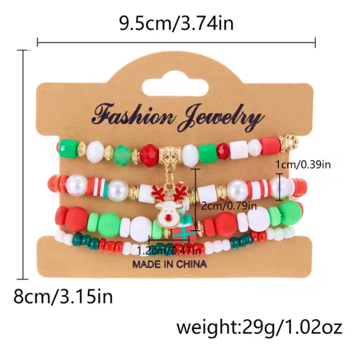 4Pc/Set Merry Christmas Tree Santa Claus Bracelet For Women Xmas Deer Crystal Polymer Clay Beads Woven Bracelet New Year Jewelry