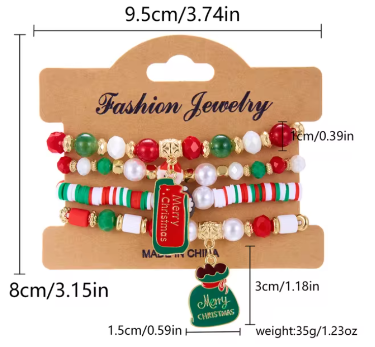 4Pc/Set Merry Christmas Tree Santa Claus Bracelet For Women Xmas Deer Crystal Polymer Clay Beads Woven Bracelet New Year Jewelry