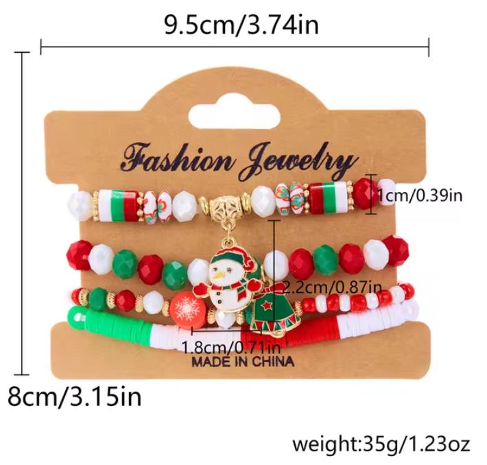 4Pc/Set Merry Christmas Tree Santa Claus Bracelet For Women Xmas Deer Crystal Polymer Clay Beads Woven Bracelet New Year Jewelry