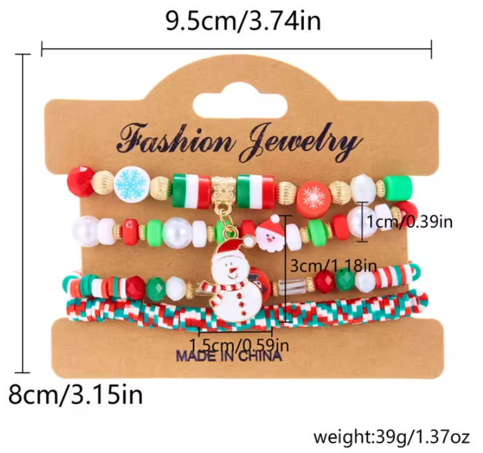 4Pc/Set Merry Christmas Tree Santa Claus Bracelet For Women Xmas Deer Crystal Polymer Clay Beads Woven Bracelet New Year Jewelry