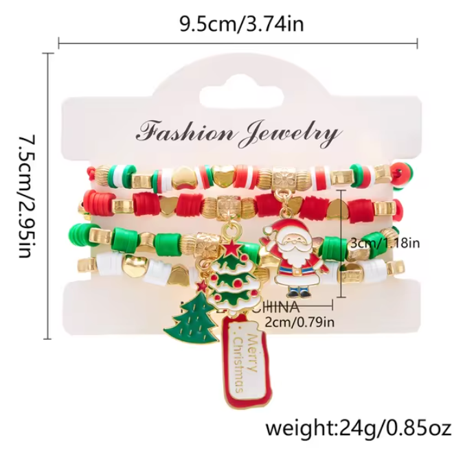 4Pc/Set Merry Christmas Tree Santa Claus Bracelet For Women Xmas Deer Crystal Polymer Clay Beads Woven Bracelet New Year Jewelry