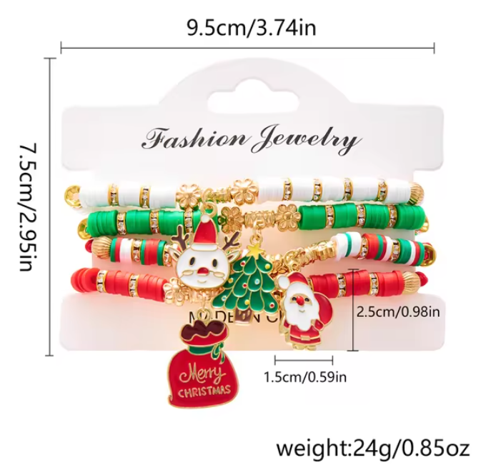 4Pc/Set Merry Christmas Tree Santa Claus Bracelet For Women Xmas Deer Crystal Polymer Clay Beads Woven Bracelet New Year Jewelry