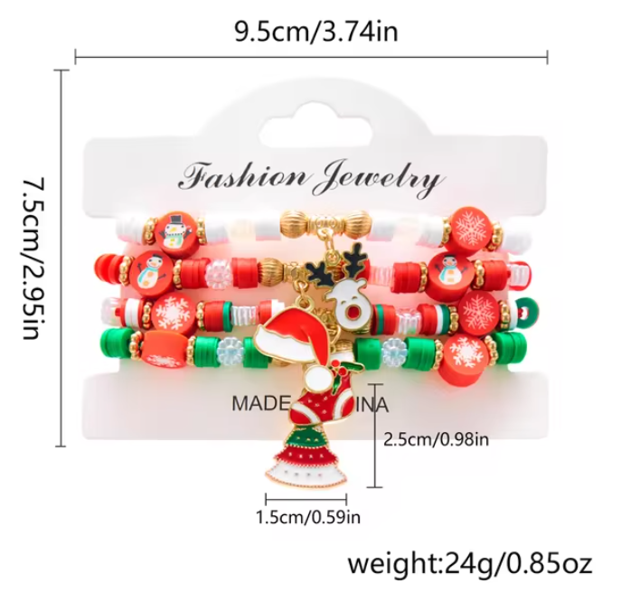 4Pc/Set Merry Christmas Tree Santa Claus Bracelet For Women Xmas Deer Crystal Polymer Clay Beads Woven Bracelet New Year Jewelry