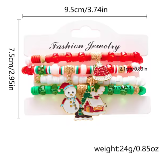 4Pc/Set Merry Christmas Tree Santa Claus Bracelet For Women Xmas Deer Crystal Polymer Clay Beads Woven Bracelet New Year Jewelry