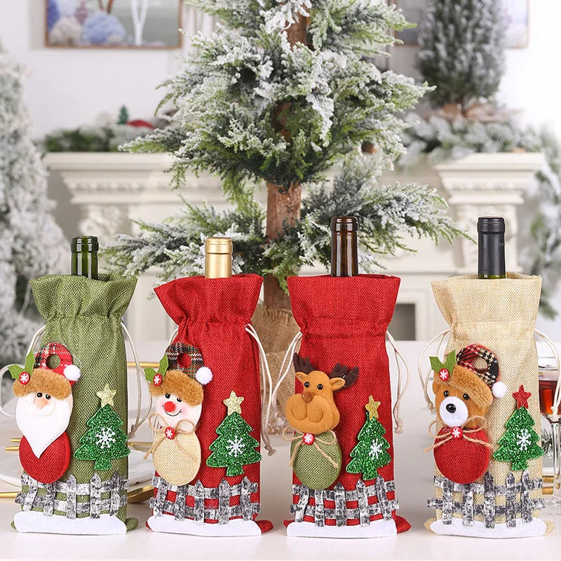 Christmas Red Wine Bottle Covers Case Bag Linen Holiday Santa Claus Champagne Bottle Cover Party Decoration Gift