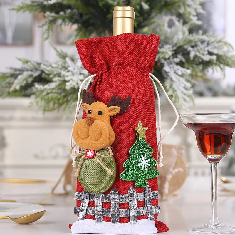 Christmas Red Wine Bottle Covers Case Bag Linen Holiday Santa Claus Champagne Bottle Cover Party Decoration Gift