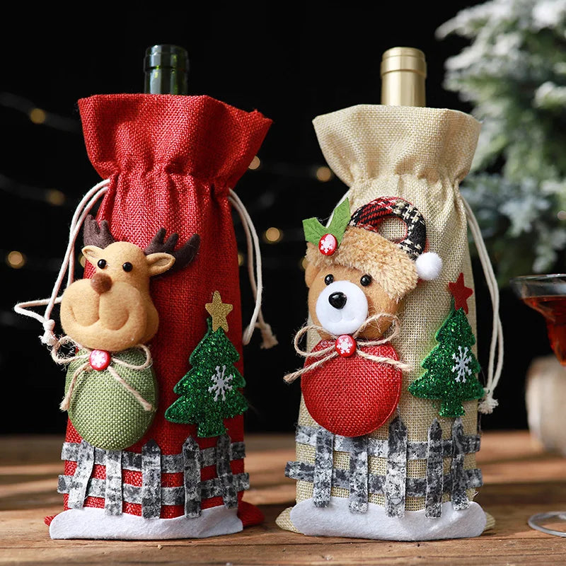 Christmas Red Wine Bottle Covers Case Bag Linen Holiday Santa Claus Champagne Bottle Cover Party Decoration Gift