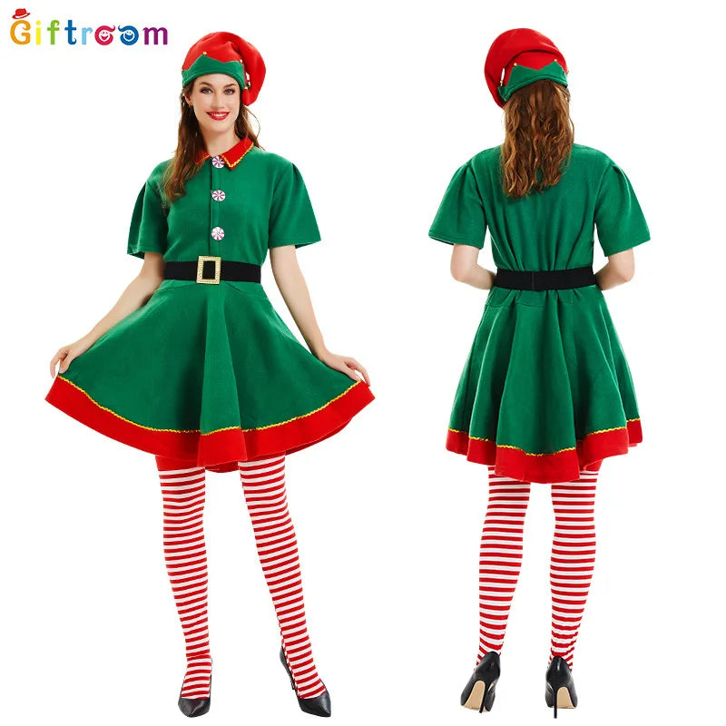 New Christmas Children's and Adult Christmas Elf Costumes, Santa Claus Green Elf Costumes, Cosplay Halloween Costume Set