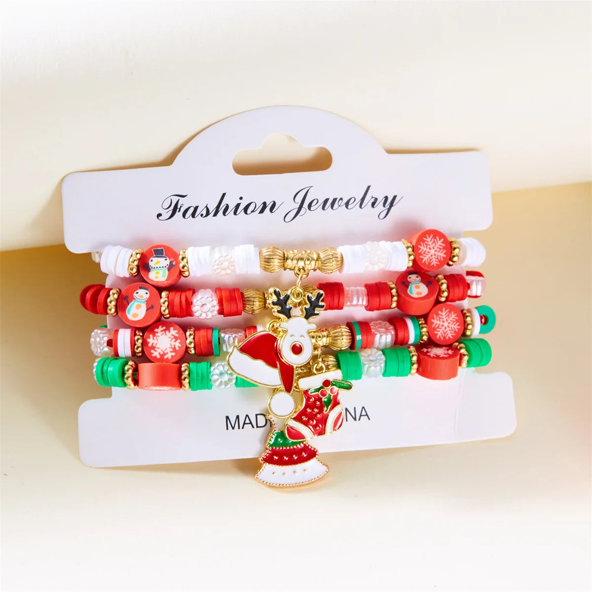 4Pc/Set Merry Christmas Tree Santa Claus Bracelet For Women Xmas Deer Crystal Polymer Clay Beads Woven Bracelet New Year Jewelry