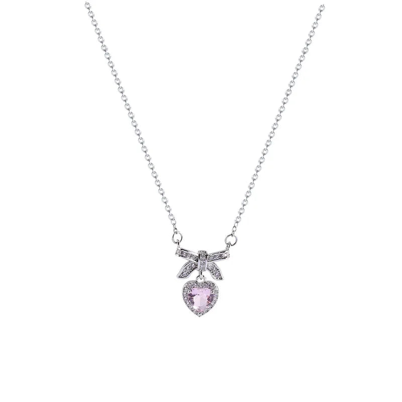 Korean Fashion Pink Crystal Heart Bow Tie Pendant Necklace Silver Color Chain Neck Necklace for Women Wedding Aesthetic Jewelry