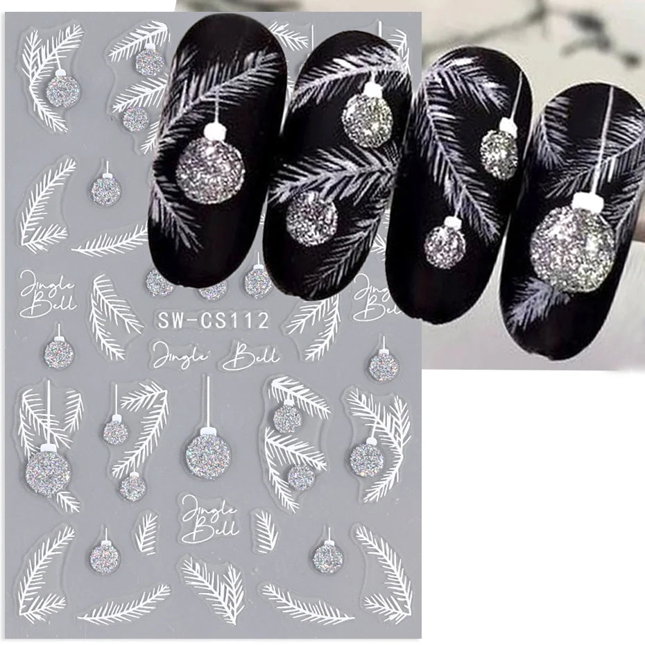 Silver Glitter Christmas Nail Stickers 3D Winter Tree Snowflake Feather Leaf Lantern Gift Wine Holographic Manicure Slider Tips