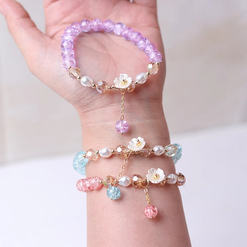 Fashion Korean White Flower Purple Beaded Bracelet for Women Charm Crystal Beads Elastic Adjustable Bracelet Friendship Jewelry