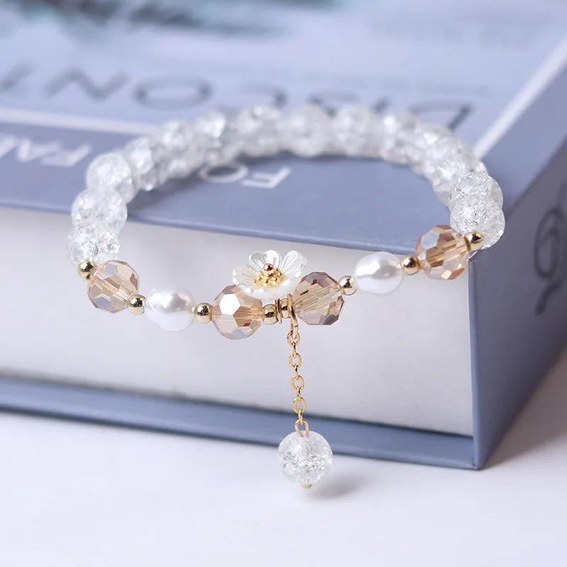 Fashion Korean White Flower Purple Beaded Bracelet for Women Charm Crystal Beads Elastic Adjustable Bracelet Friendship Jewelry