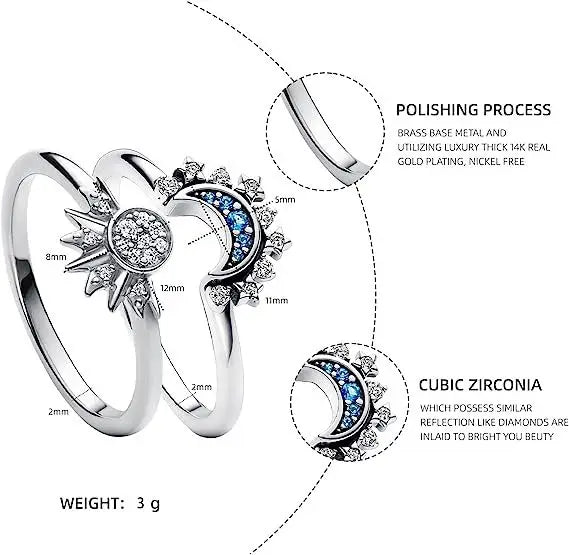 New Couple Ring Set Sky Blue Sparkling Moon and Sun Ring Women's Stackable Finger Set Engagement Jewelry 2pc/set