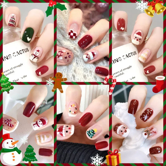 24Pcs Christmas New Purple Rabbit Cute Short False Nails Tips Snowman Elk Pattern Design Wearable Fake Nails Press On Nail Art