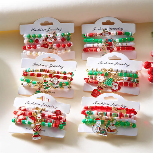 4Pc/Set Merry Christmas Tree Santa Claus Bracelet For Women Xmas Deer Crystal Polymer Clay Beads Woven Bracelet New Year Jewelry