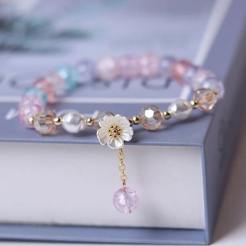 Fashion Korean White Flower Purple Beaded Bracelet for Women Charm Crystal Beads Elastic Adjustable Bracelet Friendship Jewelry