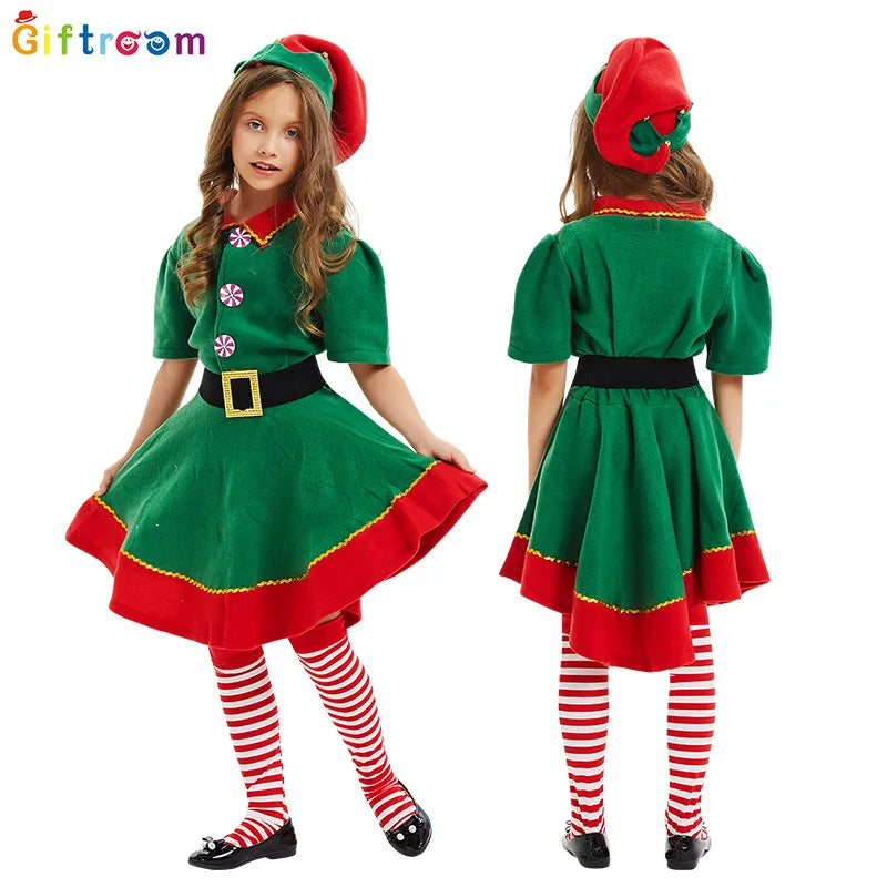 New Christmas Children's and Adult Christmas Elf Costumes, Santa Claus Green Elf Costumes, Cosplay Halloween Costume Set