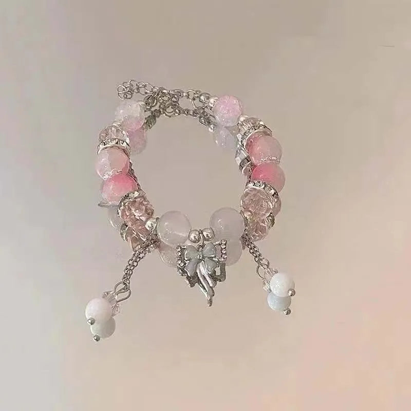 Korean Pink Crystal Flowers Butterfly Pendant Beaded Bracelet For Women Sweet Beaded Chain Bracelet Jewelry Gifts