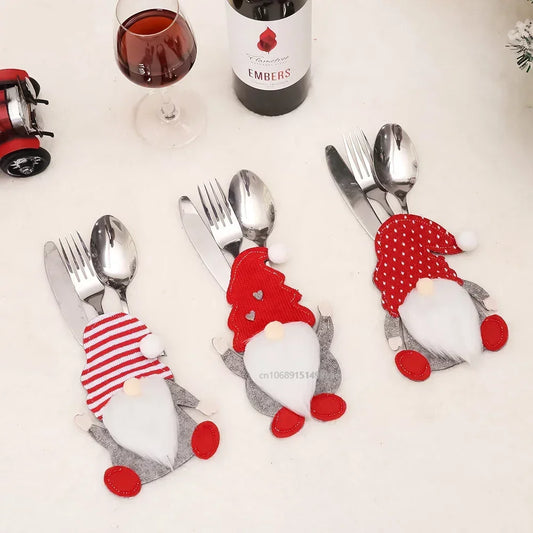 Christmas Tableware Cover Gnome Christmas Cutlery Holder Knife Fork Pocket Bags Santa Claus Xmas New Year Party Dinner Decor