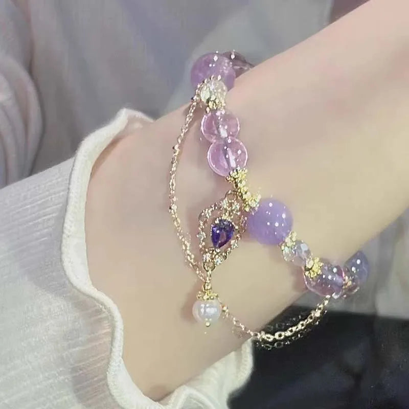 Light Luxury Purple Glass Crystal Beaded Bracelets for Women Chic Butterfly Tassel Pendant Bracelets Sweet Girl Wrist Jewelry