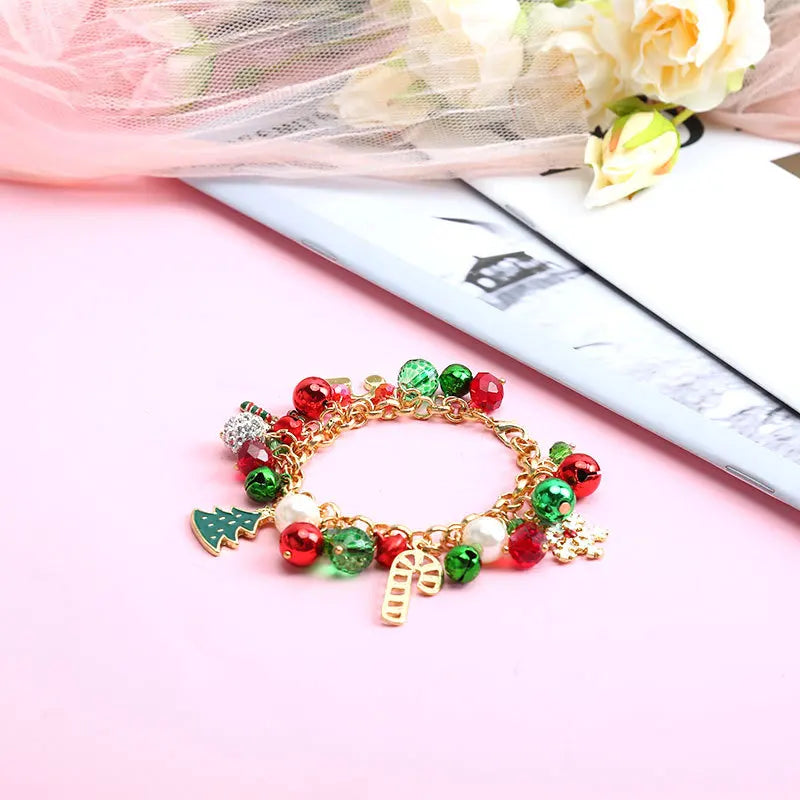 Vicky-Home Christmas Bracelet Gift Jewelry for Women Girls Kids Jingle Bell Beaded Bracelets Adjustable Charm Bangle