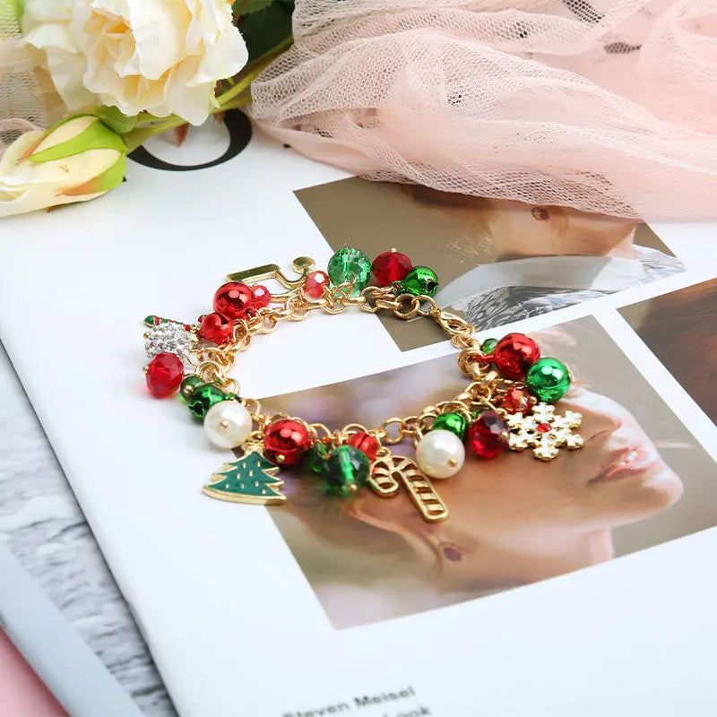 Vicky-Home Christmas Bracelet Gift Jewelry for Women Girls Kids Jingle Bell Beaded Bracelets Adjustable Charm Bangle