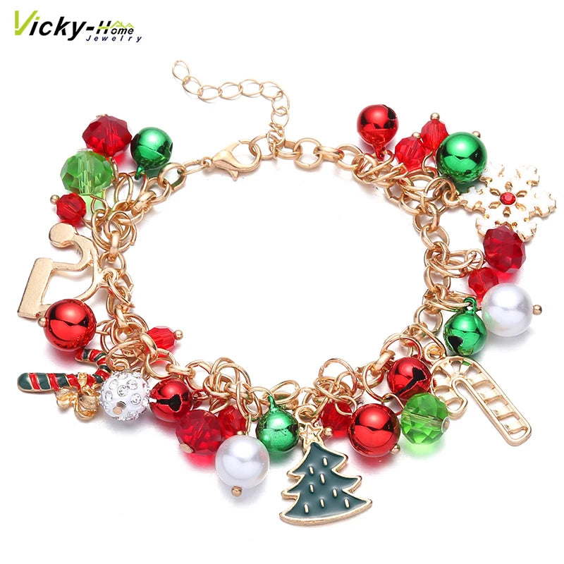 Vicky-Home Christmas Bracelet Gift Jewelry for Women Girls Kids Jingle Bell Beaded Bracelets Adjustable Charm Bangle