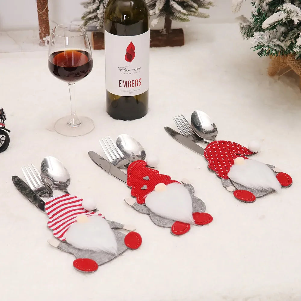 Christmas Tableware Cover Gnome Christmas Cutlery Holder Knife Fork Pocket Bags Santa Claus Xmas New Year Party Dinner Decor