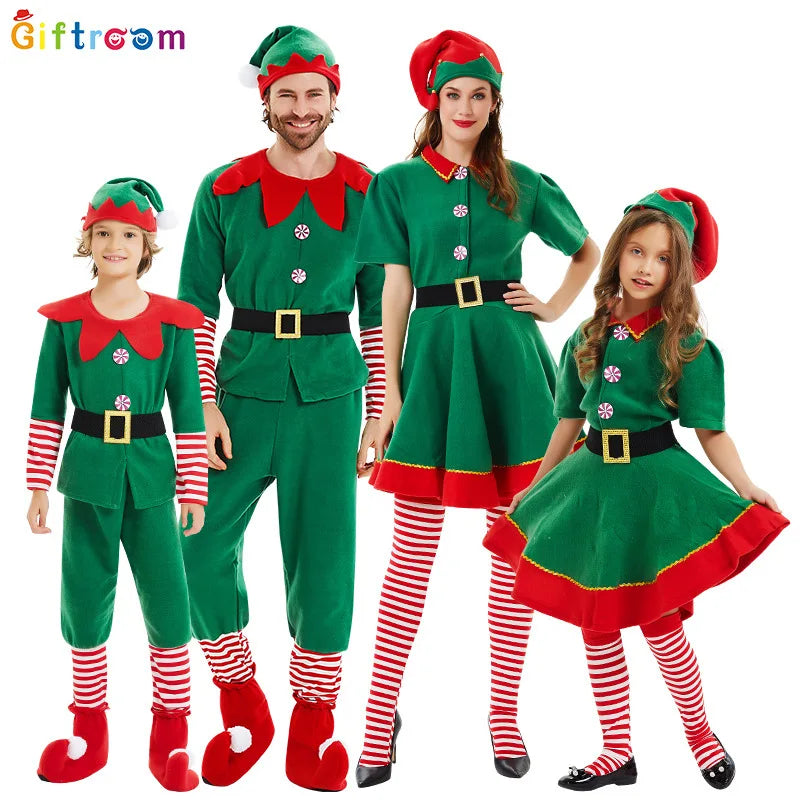 New Christmas Children's and Adult Christmas Elf Costumes, Santa Claus Green Elf Costumes, Cosplay Halloween Costume Set