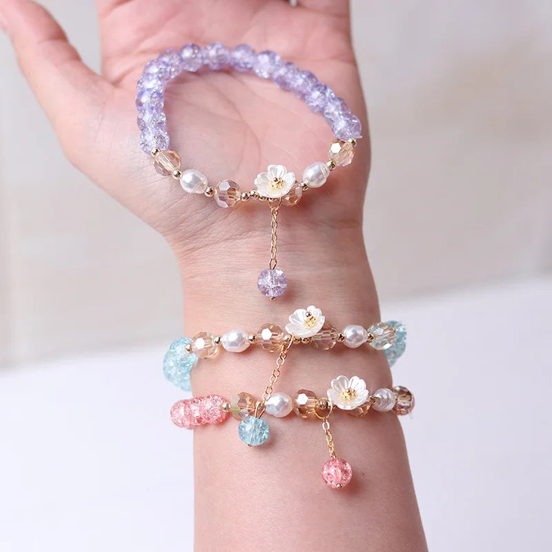 Korean Fashion Cute Shell Flower Beaded Bracelet For Women Colorful Crystal Charm Bracelets Bridal Wedding Jewelry Travel Gifts