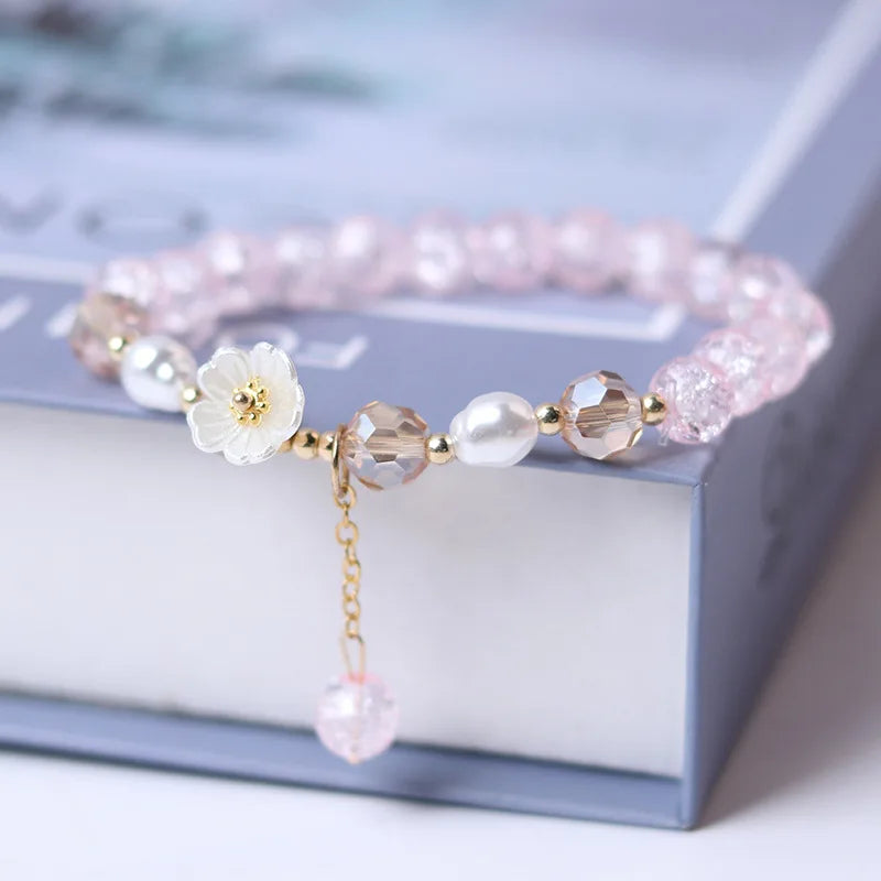 Fashion Korean White Flower Purple Beaded Bracelet for Women Charm Crystal Beads Elastic Adjustable Bracelet Friendship Jewelry